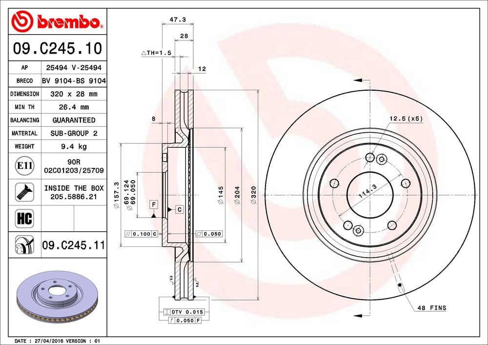 Brembo OE Brembo 12-17 Hyundai Azera/15-19 Sonata/11-19 Optima Front Premium UV Coated OE Equivalent Rotor 09.C245.11