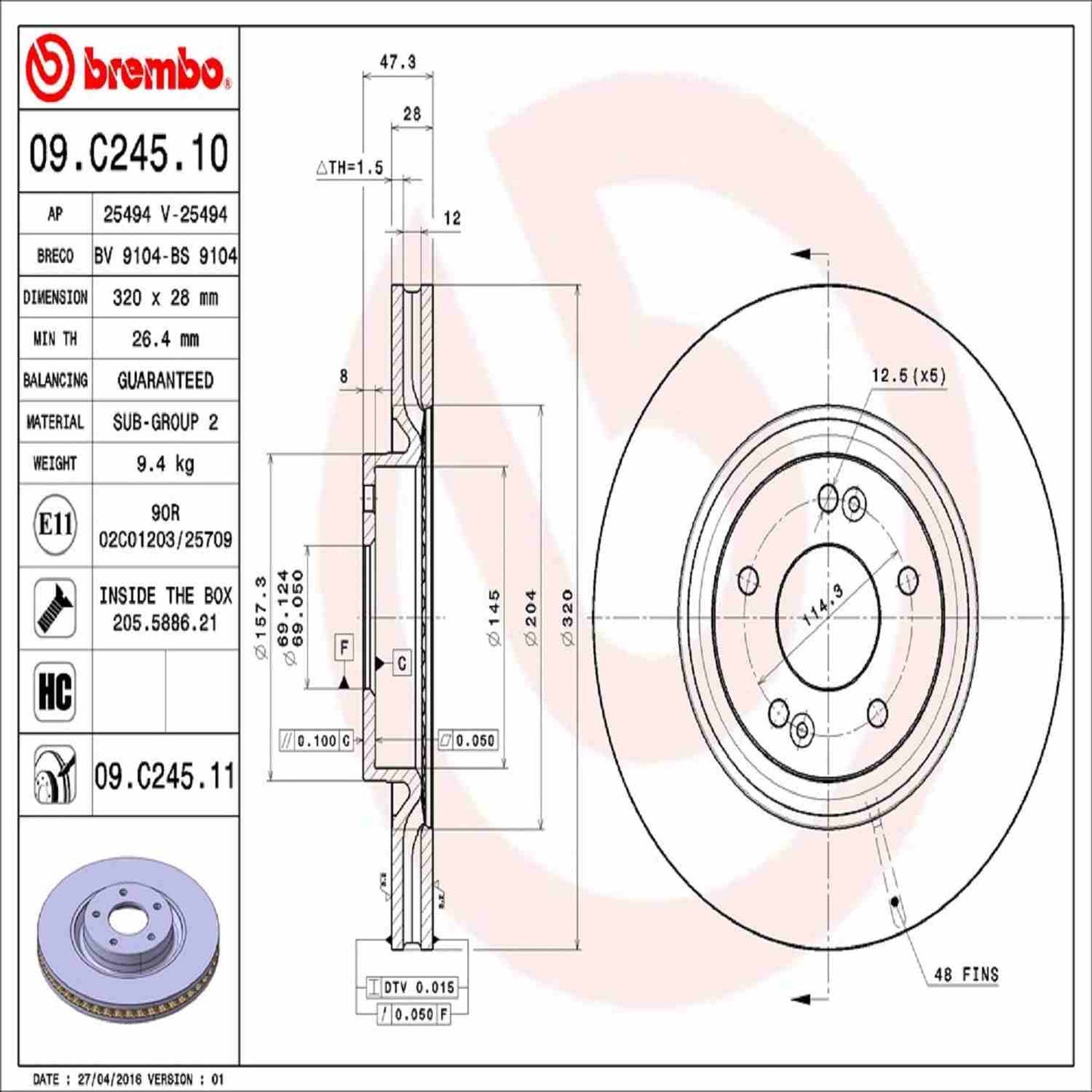 Brembo OE Brembo 12-17 Hyundai Azera/15-19 Sonata/11-19 Optima Front Premium UV Coated OE Equivalent Rotor 09.C245.11