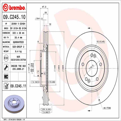 Brembo OE Brembo 12-17 Hyundai Azera/15-19 Sonata/11-19 Optima Front Premium UV Coated OE Equivalent Rotor 09.C245.11