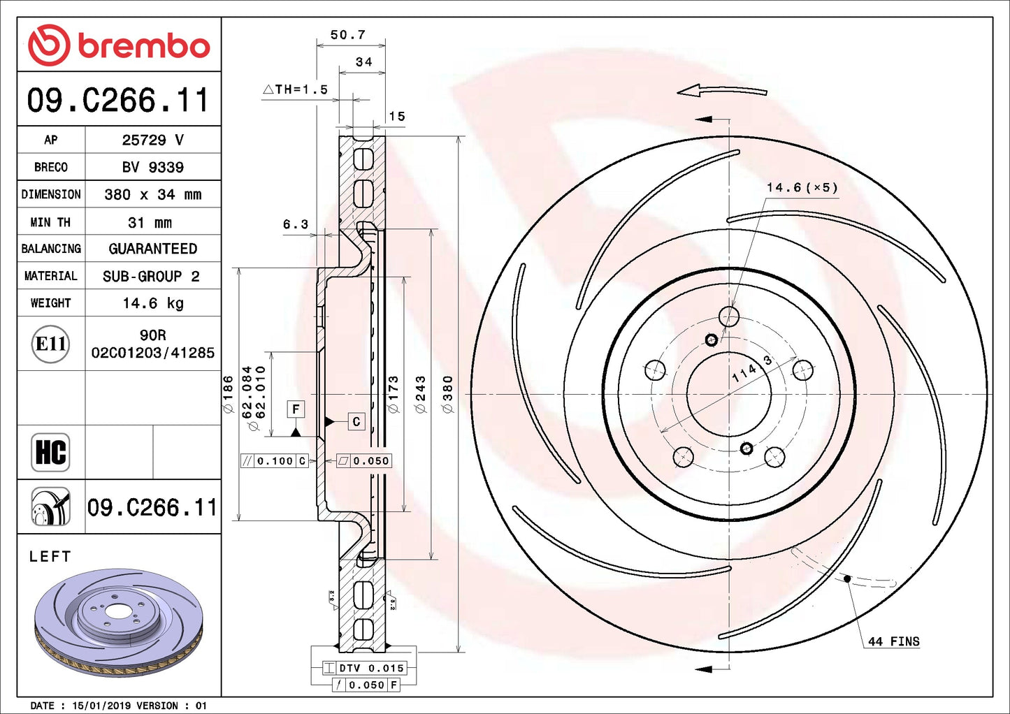 Brembo OE Brembo 16-20 Lexus GS F/15-20 RC F Front Left Premium UV Coated OE Equivalent Rotor 09.C266.11