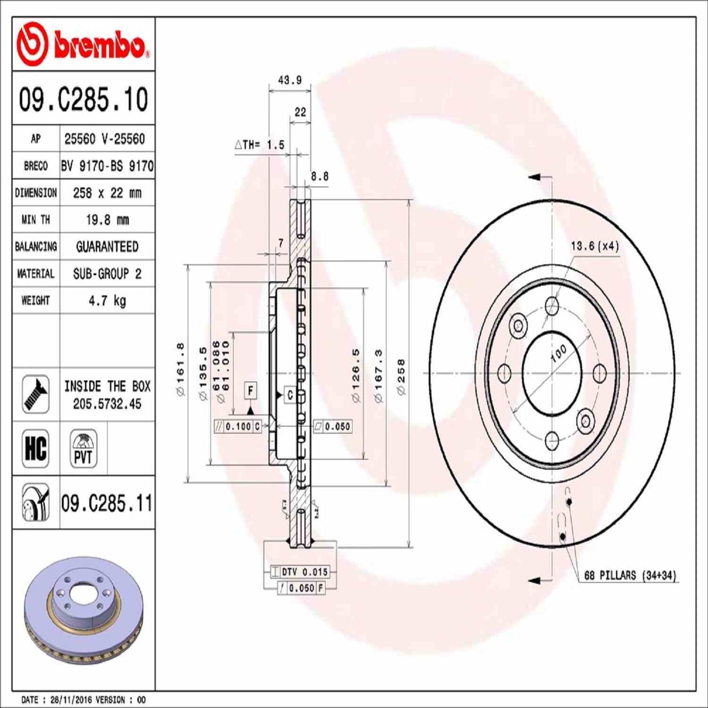 Brembo OE Brembo 20119 Smart EQ fortwo/16-18 Fortwo Front Premium UV Coated OE Equivalent Rotor 09.C285.11