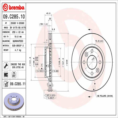 Brembo OE Brembo 20119 Smart EQ fortwo/16-18 Fortwo Front Premium UV Coated OE Equivalent Rotor 09.C285.11