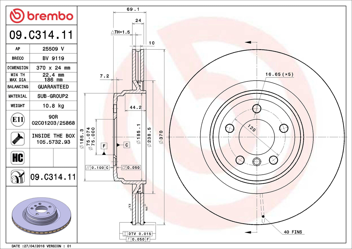 Brembo OE Brembo 10-15 BMW 550i GT/10-17 550i GT xDrive Rear Premium UV Coated OE Equivalent Rotor 09.C314.11