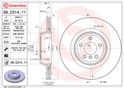 Brembo OE Brembo 10-15 BMW 550i GT/10-17 550i GT xDrive Rear Premium UV Coated OE Equivalent Rotor 09.C314.11