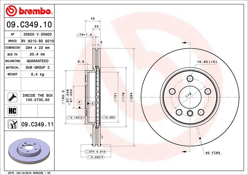 Brembo OE Brembo 14-18 Mini Cooper/16-18 Cooper Clubman Front Premium UV Coated OE Equivalent Rotor 09.C349.11