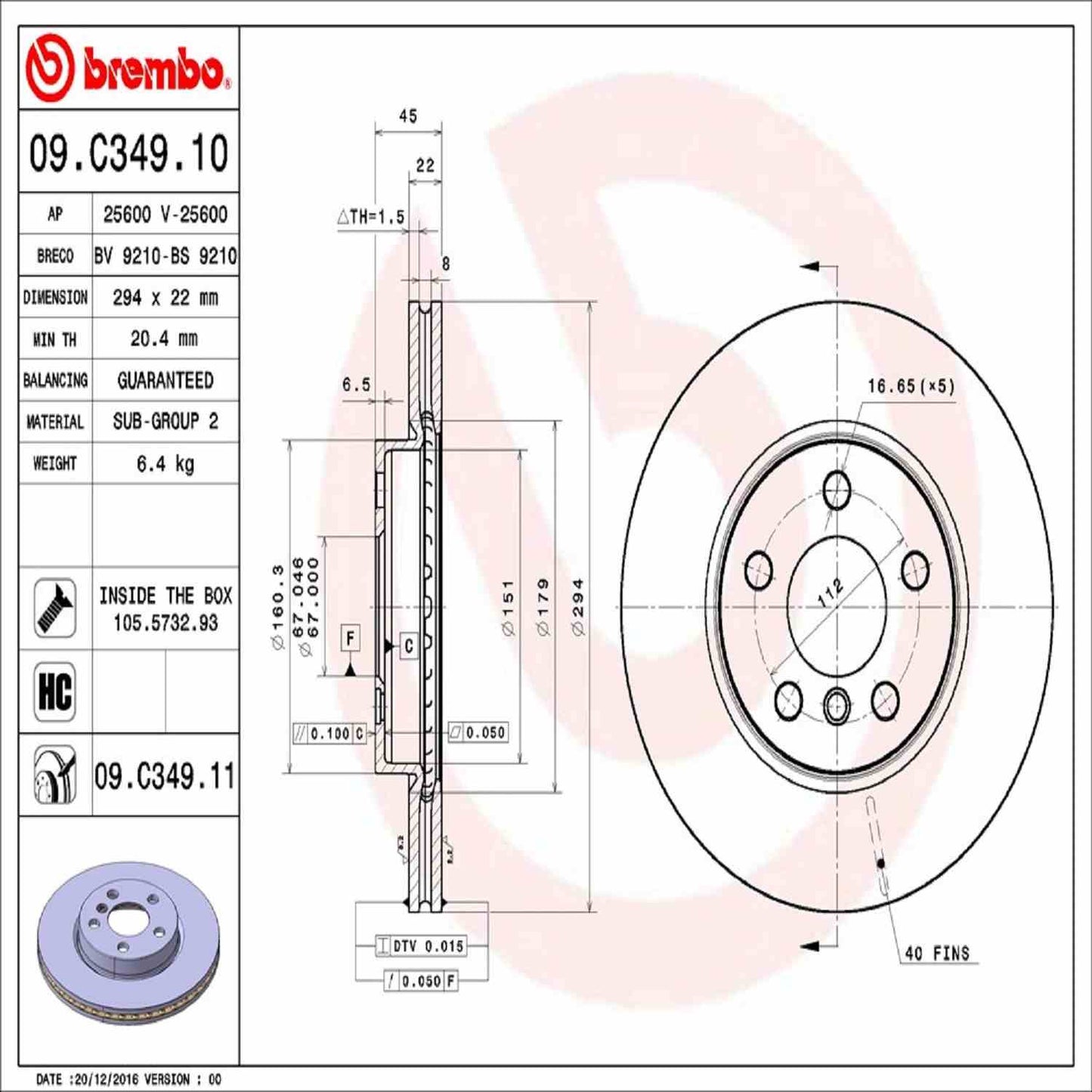 Brembo OE Brembo 14-18 Mini Cooper/16-18 Cooper Clubman Front Premium UV Coated OE Equivalent Rotor 09.C349.11
