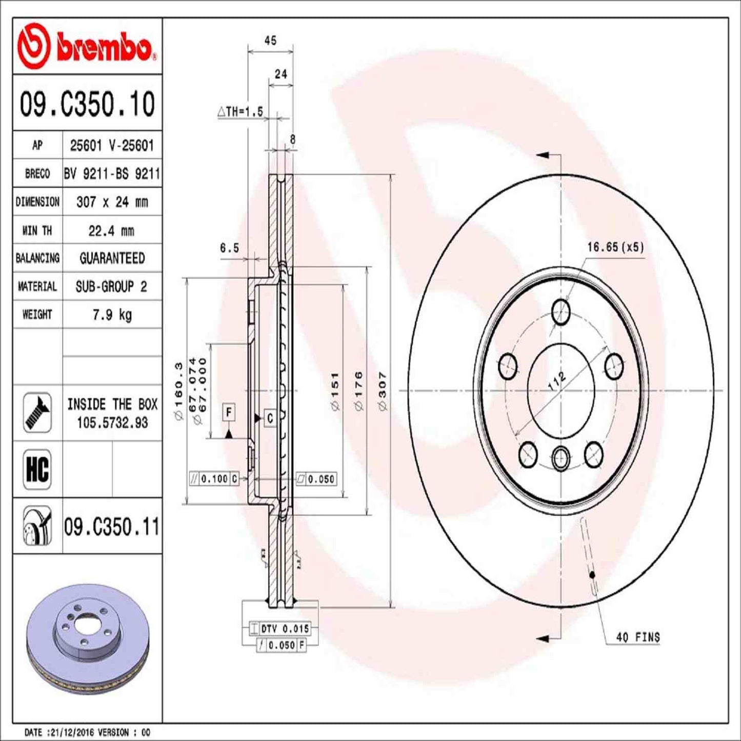 Brembo OE Brembo 16-20 Mini Cooper Clubman/17-20 Cooper Countryman Front Premium UV Coated OE Equivalent Rotor 09.C350.11
