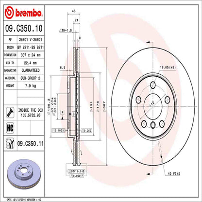 Brembo OE Brembo 16-20 Mini Cooper Clubman/17-20 Cooper Countryman Front Premium UV Coated OE Equivalent Rotor 09.C350.11