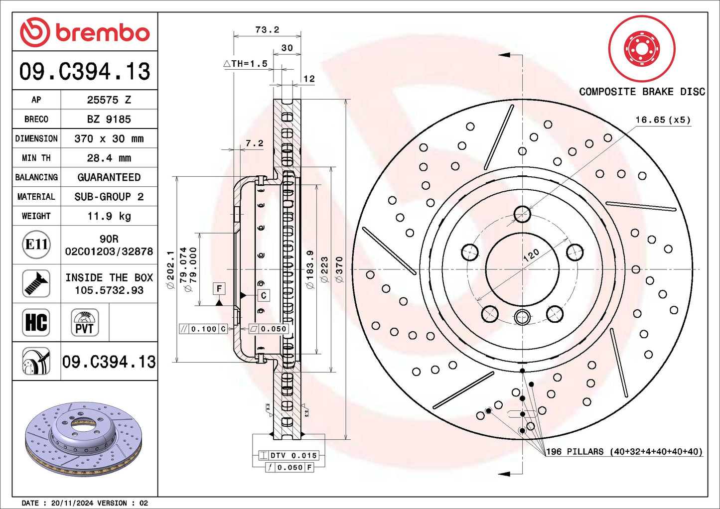 Brembo OE Brembo 12-15 BMW 335i/14-16 335i GT xDrive Front Premium UV Coated OE Equivalent Rotor 09.C394.13