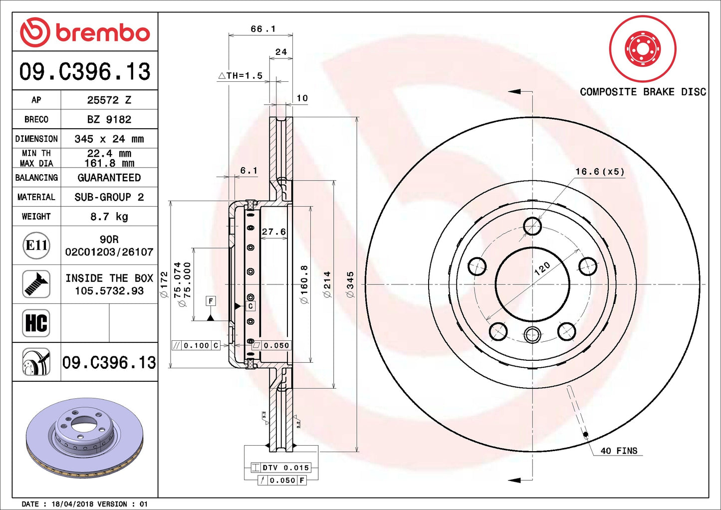 Brembo OE Brembo 14-16 BMW 228i/15-16 228i xDrive/17-20 230i Rear Premium OE Equivalent Rotor 09.C396.13