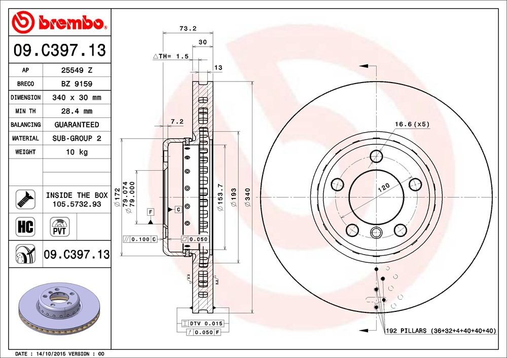 Brembo OE Brembo 15-16 BMW 228i xDrive/17-18 230i Front Premium OE Equivalent Rotor 09.C397.13