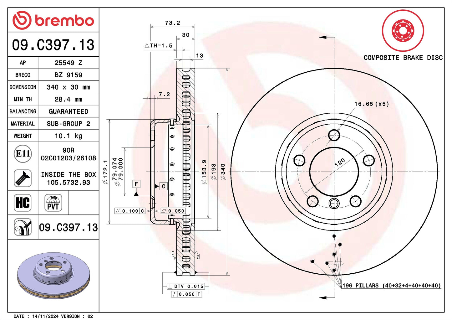 Brembo OE Brembo 15-16 BMW 228i xDrive/17-18 230i Front Premium OE Equivalent Rotor 09.C397.13