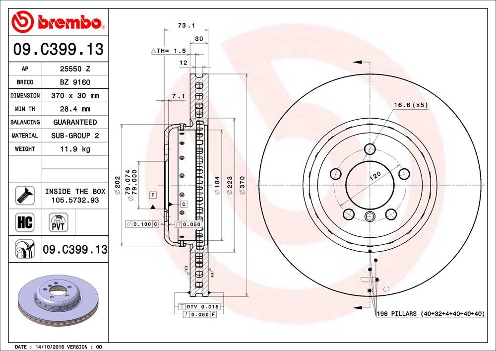 Brembo OE Brembo 12-15 BMW 335i/14-15 335i GT xDrive/14-15 335i xDrive Front Premium OE Equivalent Rotor 09.C399.13