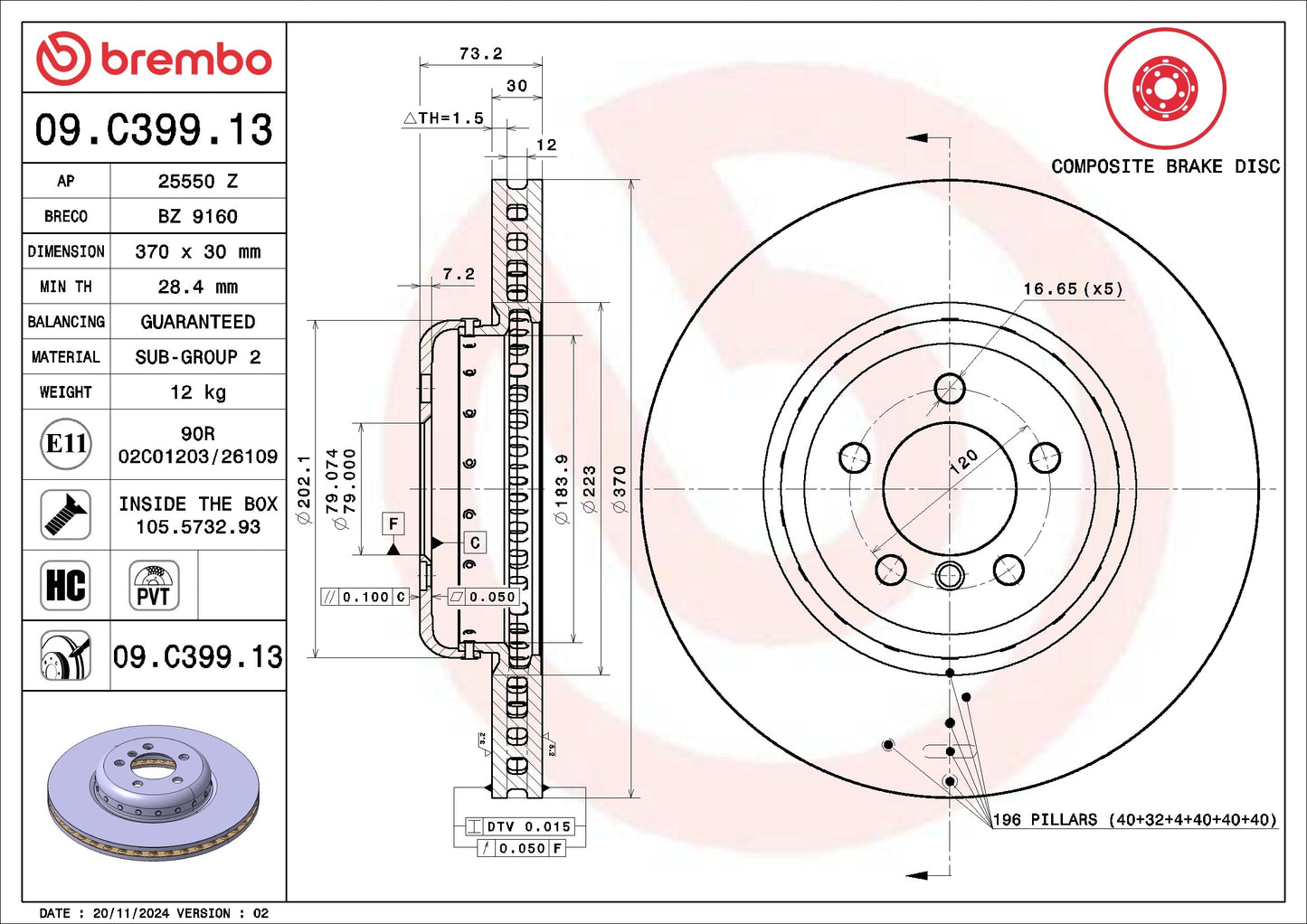 Brembo OE Brembo 12-15 BMW 335i/14-15 335i GT xDrive/14-15 335i xDrive Front Premium OE Equivalent Rotor 09.C399.13