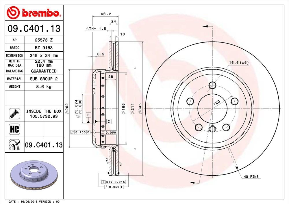 Brembo OE Brembo 16-18 BMW 320i xDrive/2014 328d xDrive/2016 328i Rear Premium OE Equivalent Rotor 09.C401.13