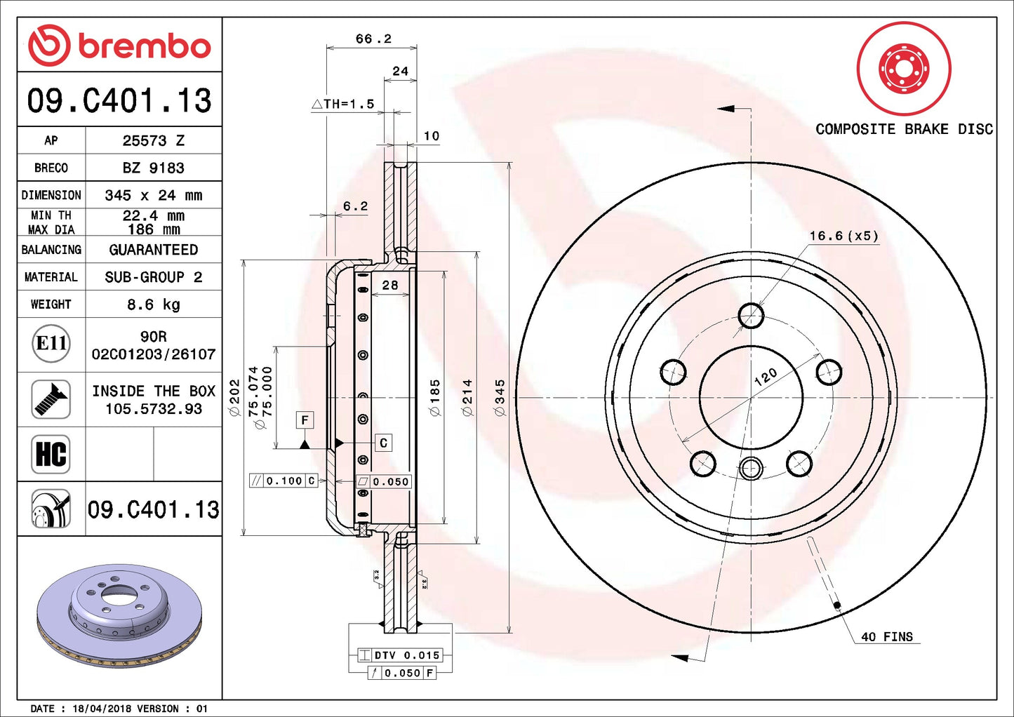 Brembo OE Brembo 16-18 BMW 320i xDrive/2014 328d xDrive/2016 328i Rear Premium OE Equivalent Rotor 09.C401.13