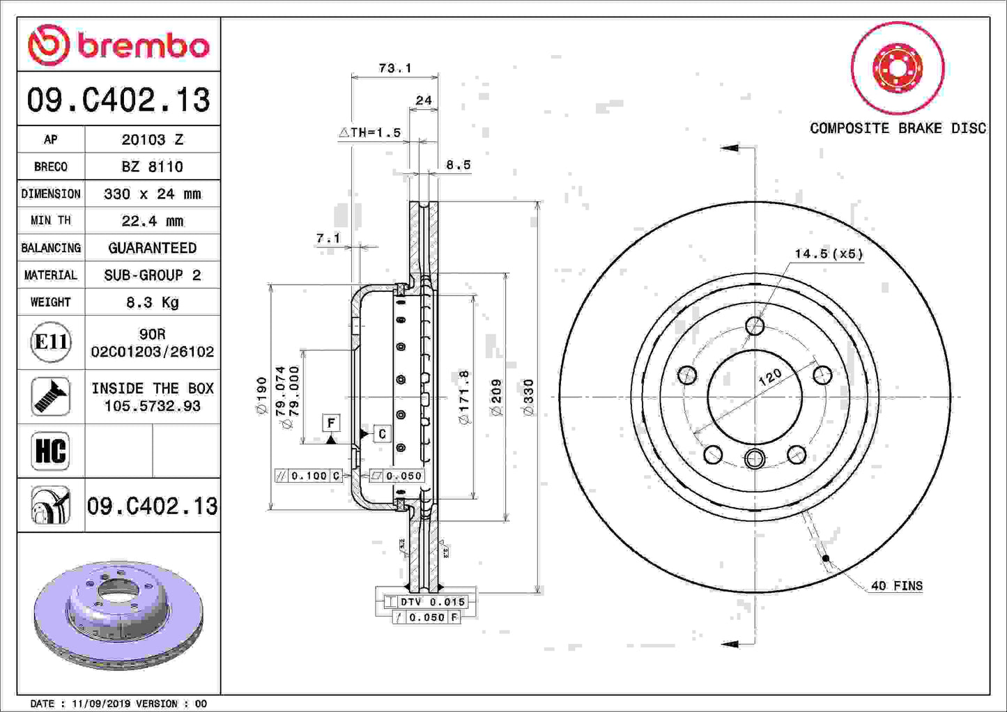 Brembo OE Brembo 09-16 BMW Z4 Front Premium UV Coated OE Equivalent Rotor 09.C402.13