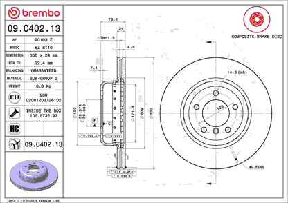 Brembo OE Brembo 09-16 BMW Z4 Front Premium UV Coated OE Equivalent Rotor 09.C402.13