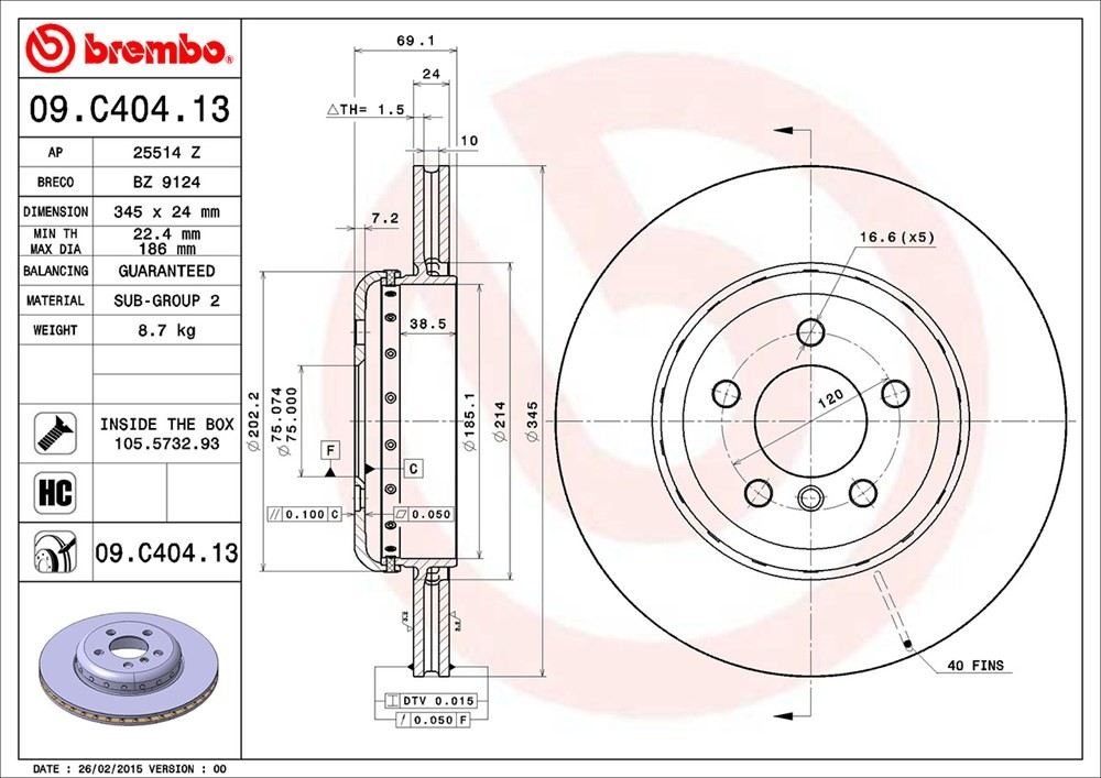 Brembo OE Brembo 10-17 BMW 535i GT/11-17 535i GT xDrive/11-16 550i Rear Premium OE Equivalent Rotor 09.C404.13