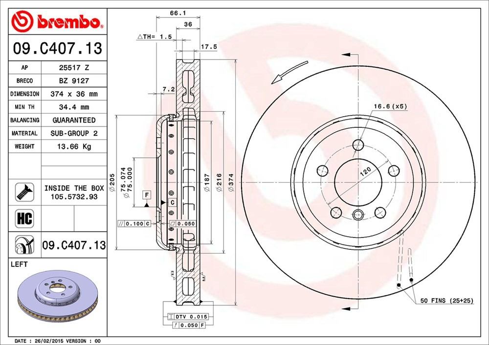 Brembo OE Brembo 10-15 BMW 550i GT/10-17 550i GT xDrive/09-15 750i Front Left Premium OE Equivalent Rotor 09.C407.13