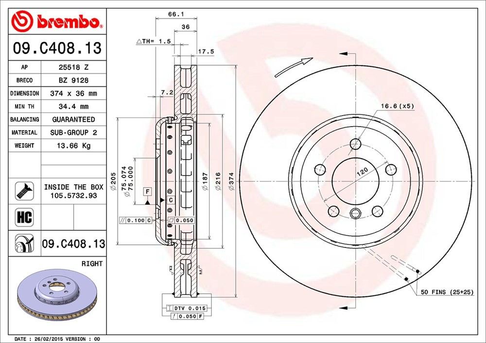 Brembo OE Brembo 10-15 BMW 550i GT/10-17 550i GT xDrive/09-15 750i Front Right Premium OE Equivalent Rotor 09.C408.13