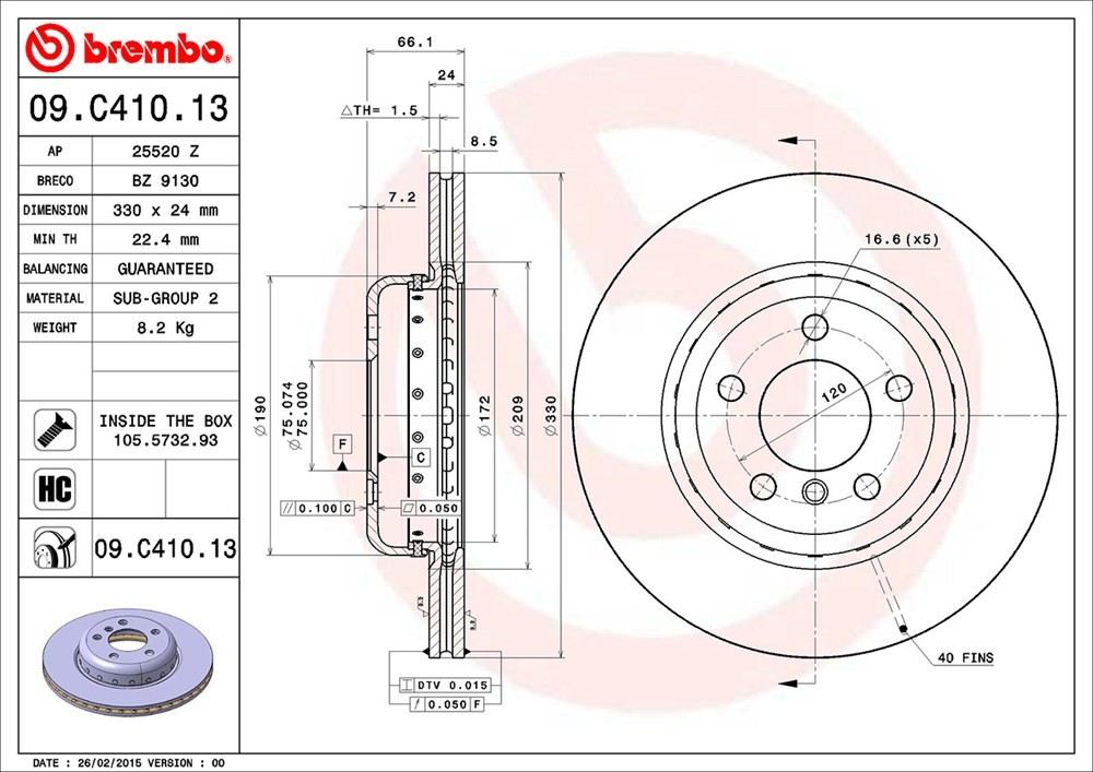 Brembo OE Brembo 11-16 BMW 528i/12-16 528i xDrive Front Premium OE Equivalent Rotor 09.C410.13