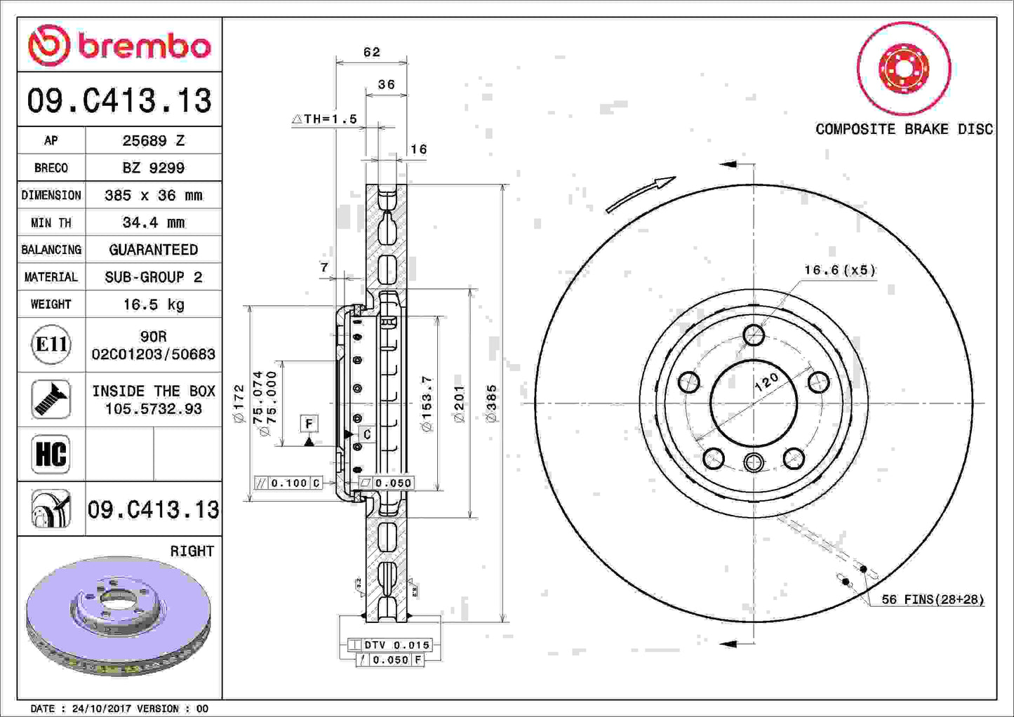 Brembo OE Brembo 10-11 BMW X6 Front Right Premium UV Coated OE Equivalent Rotor 09.C413.13