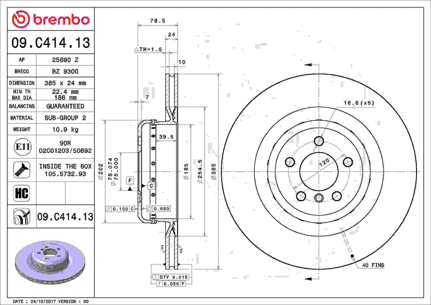 Brembo OE Brembo 10-13 BMW X5/10-14 X6 Rear Premium OE Equivalent Rotor 09.C414.13