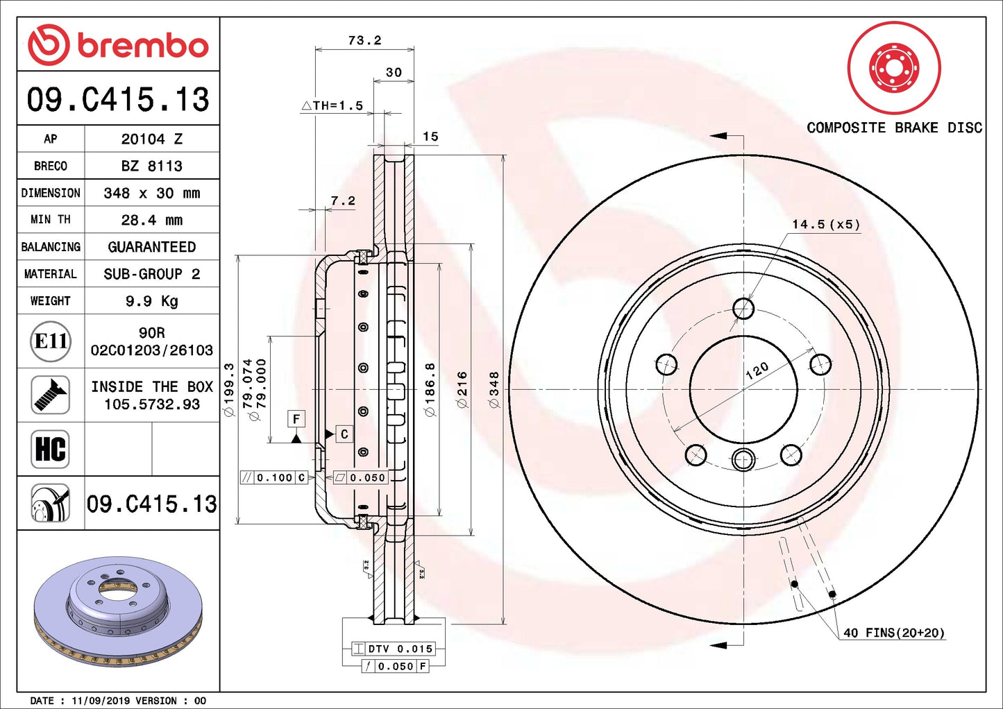 Brembo OE Brembo 11-16 BMW Z4 Front Premium UV Coated OE Equivalent Rotor 09.C415.13
