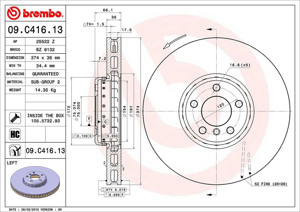 Brembo OE Brembo 10-15 BMW 760Li/15-19 Alpina B6 xDrive Gran Coupe Front Left Premium OE Equivalent Rotor 09.C416.13