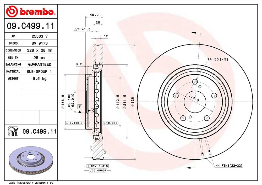 Brembo OE Brembo 15-17 Lexus NX200t/08-19 Toyota Highlander Front Premium UV Coated OE Equivalent Rotor 09.C499.11