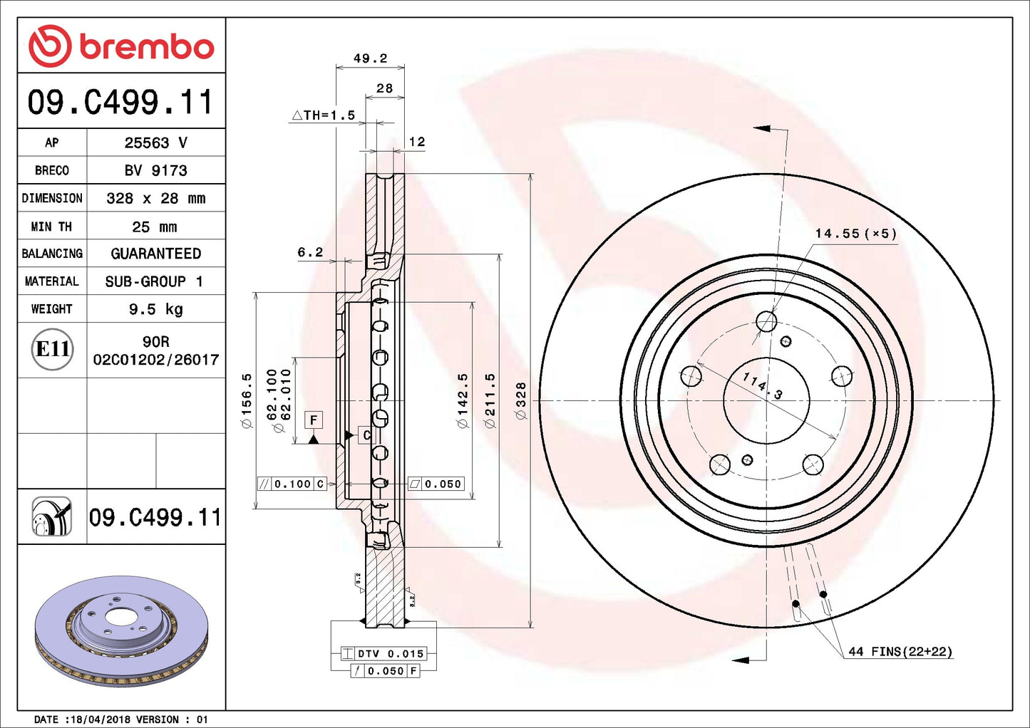 Brembo OE Brembo 15-17 Lexus NX200t/08-19 Toyota Highlander Front Premium UV Coated OE Equivalent Rotor 09.C499.11