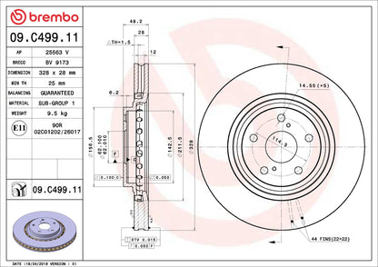 Brembo OE Brembo 15-17 Lexus NX200t/08-19 Toyota Highlander Front Premium UV Coated OE Equivalent Rotor 09.C499.11