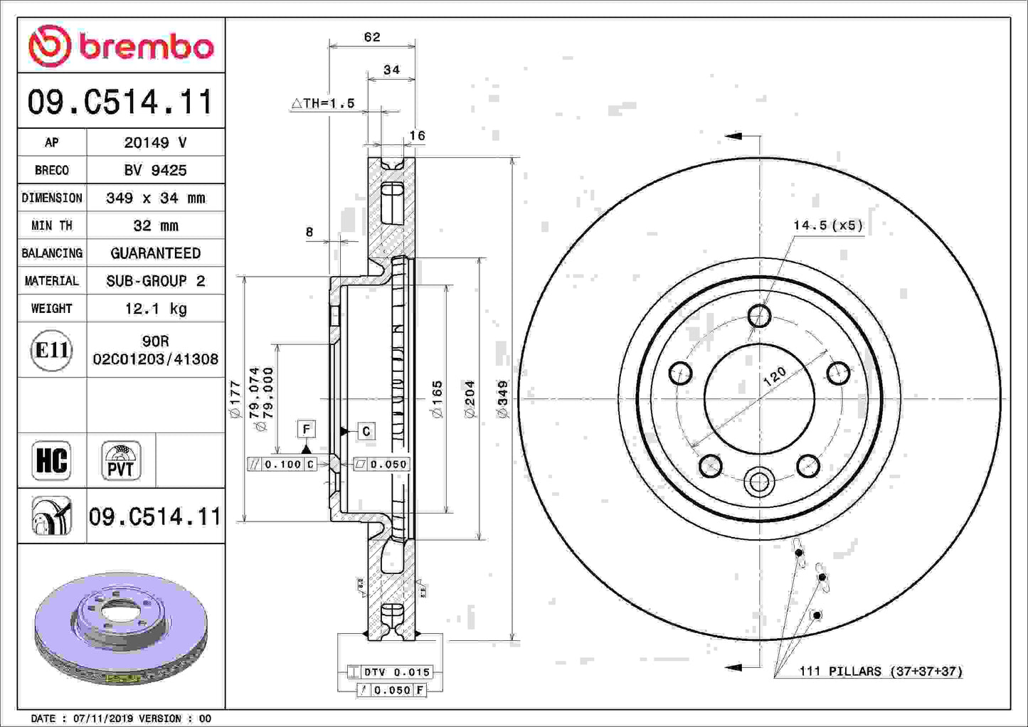 Brembo OE Brembo 18-20 Land Rover Discovery/Range Rover Front Premium UV Coated OE Equivalent Rotor 09.C514.11