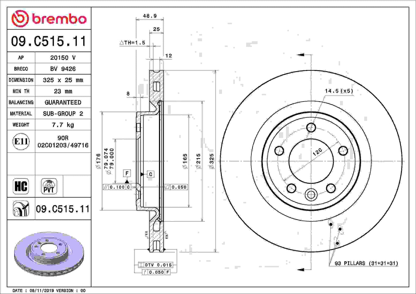Brembo OE Brembo 2019 Land Rover Range Rover Rear Premium UV Coated OE Equivalent Rotor 09.C515.11
