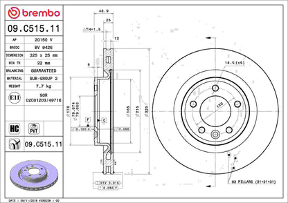 Brembo OE Brembo 2019 Land Rover Range Rover Rear Premium UV Coated OE Equivalent Rotor 09.C515.11