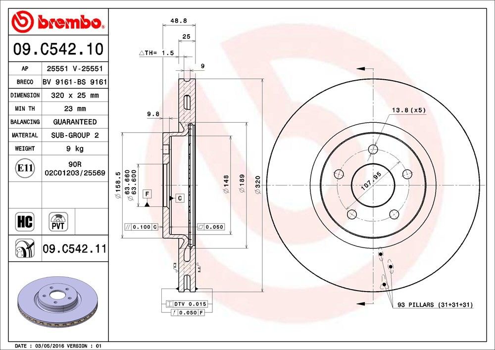 Brembo OE Brembo 13-19 Ford Escape/13-14 Focus/17-19 Lincoln MKC Front Premium UV Coated OE Equivalent Rotor 09.C542.11