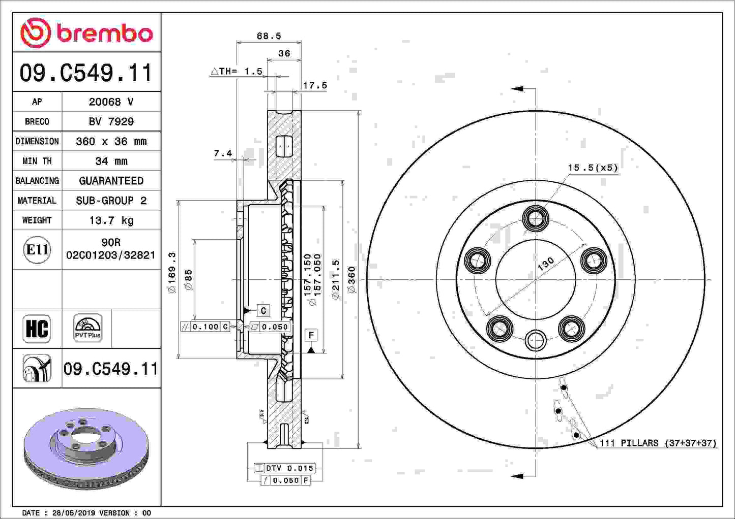 Brembo OE Brembo 11-18 Porsche Cayenne/11-15 Volkswagen Touareg Front Premium UV Coated OE Equivalent Rotor 09.C549.11