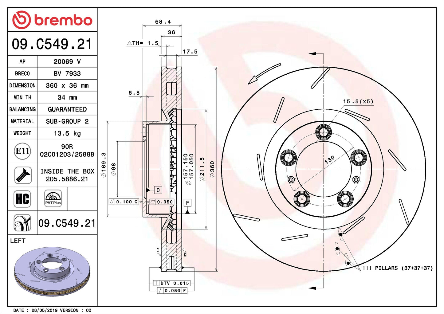 Brembo OE Brembo 10-16 Porsche Panamera Front Left Premium UV Coated OE Equivalent Rotor 09.C549.21