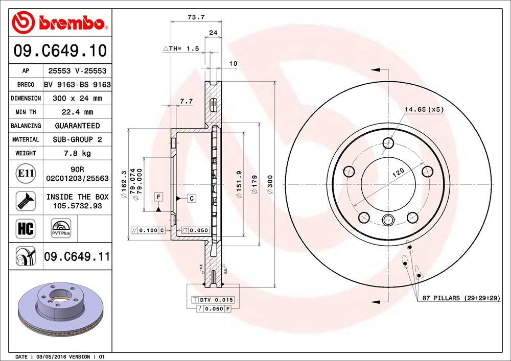 Brembo OE Brembo 08-13 BMW 128i/2006 325i/325xi/2007 328i/328xi Front Premium UV Coated OE Equivalent Rotor 09.C649.11