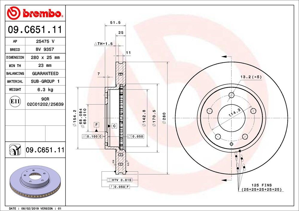 Brembo OE Brembo 14-16 Mazda 3/16-20 CX-3 Front Premium UV Coated OE Equivalent Rotor 09.C651.11