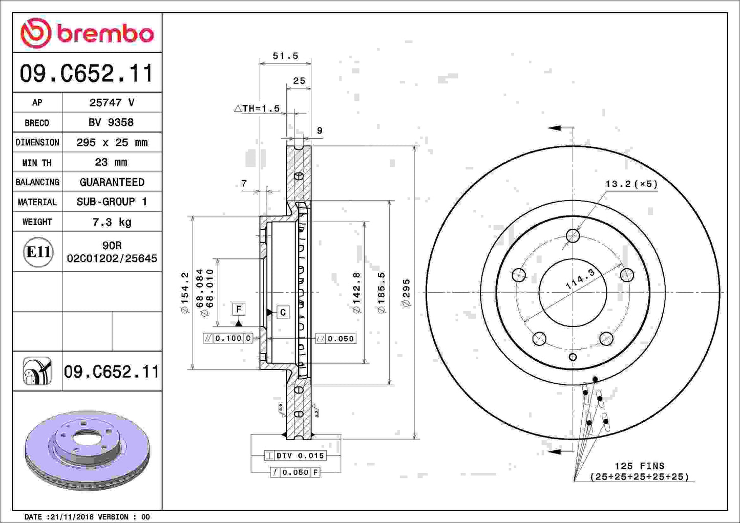 Brembo OE Brembo 14-18 Mazda 3/16-20 CX-3 Front Premium UV Coated OE Equivalent Rotor 09.C652.11