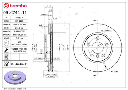 Brembo OE Brembo 14-21 Mini Cooper Front Premium UV Coated OE Equivalent Rotor 09.C744.11