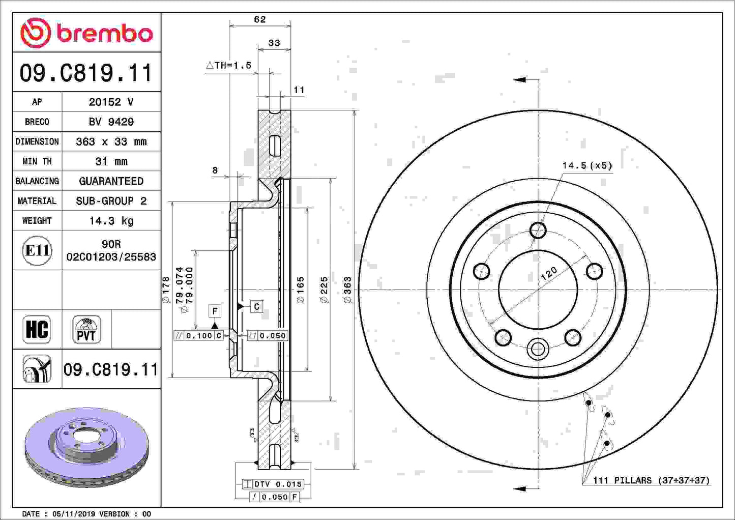 Brembo OE Brembo 18-20 Land Rover Discovery Front Premium UV Coated OE Equivalent Rotor 09.C819.11