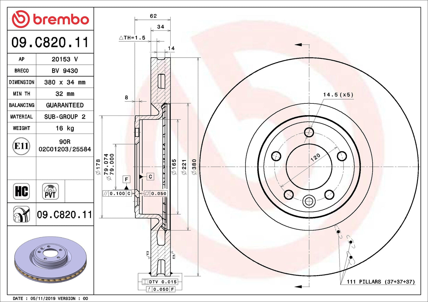 Brembo OE Brembo 18-20 Range Rover/Range Rover Sport Front Premium UV Coated OE Equivalent Rotor 09.C820.11
