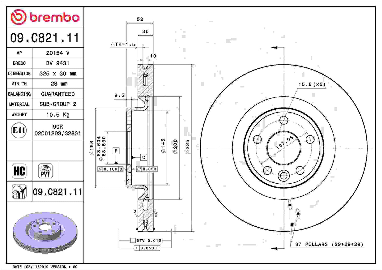 Brembo OE Brembo 18-19 Jaguar E-Pace Front Premium UV Coated OE Equivalent Rotor 09.C821.11