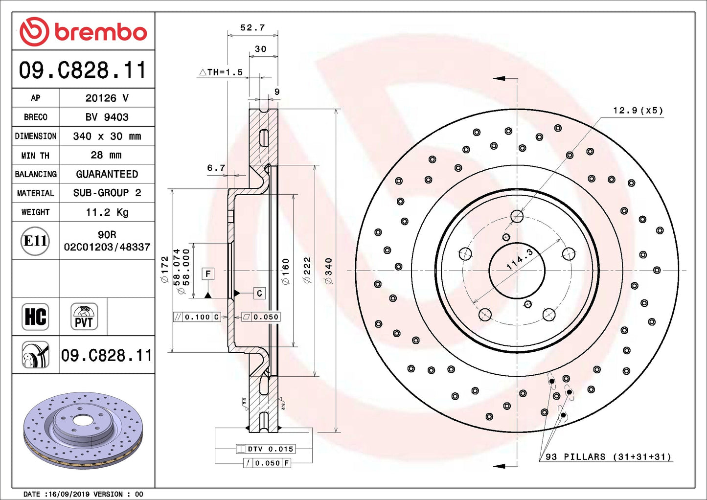 Brembo OE Brembo 18-20 Subaru WRX STI Front Premium UV Coated OE Equivalent Rotor 09.C828.11
