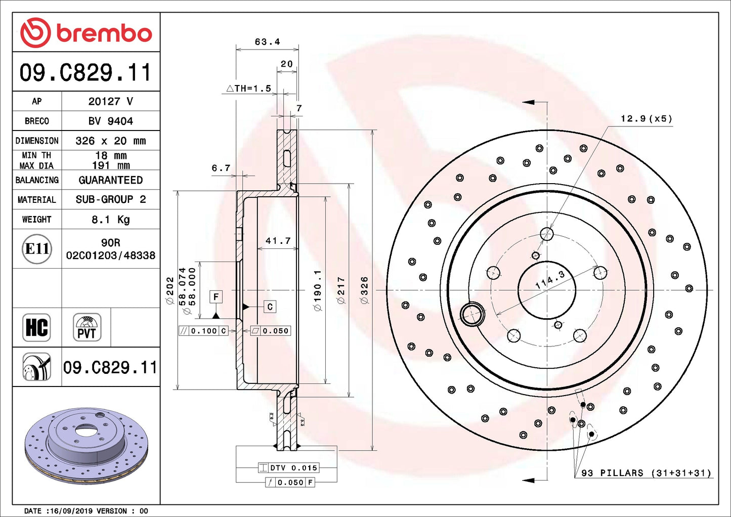 Brembo OE Brembo 18-20 Subaru WRX STI Rear Premium UV Coated OE Equivalent Rotor 09.C829.11