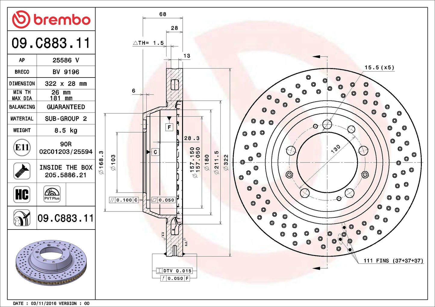 Brembo OE Brembo 96-98 Porsche 911 Rear Premium UV Coated OE Equivalent Rotor 09.C883.11