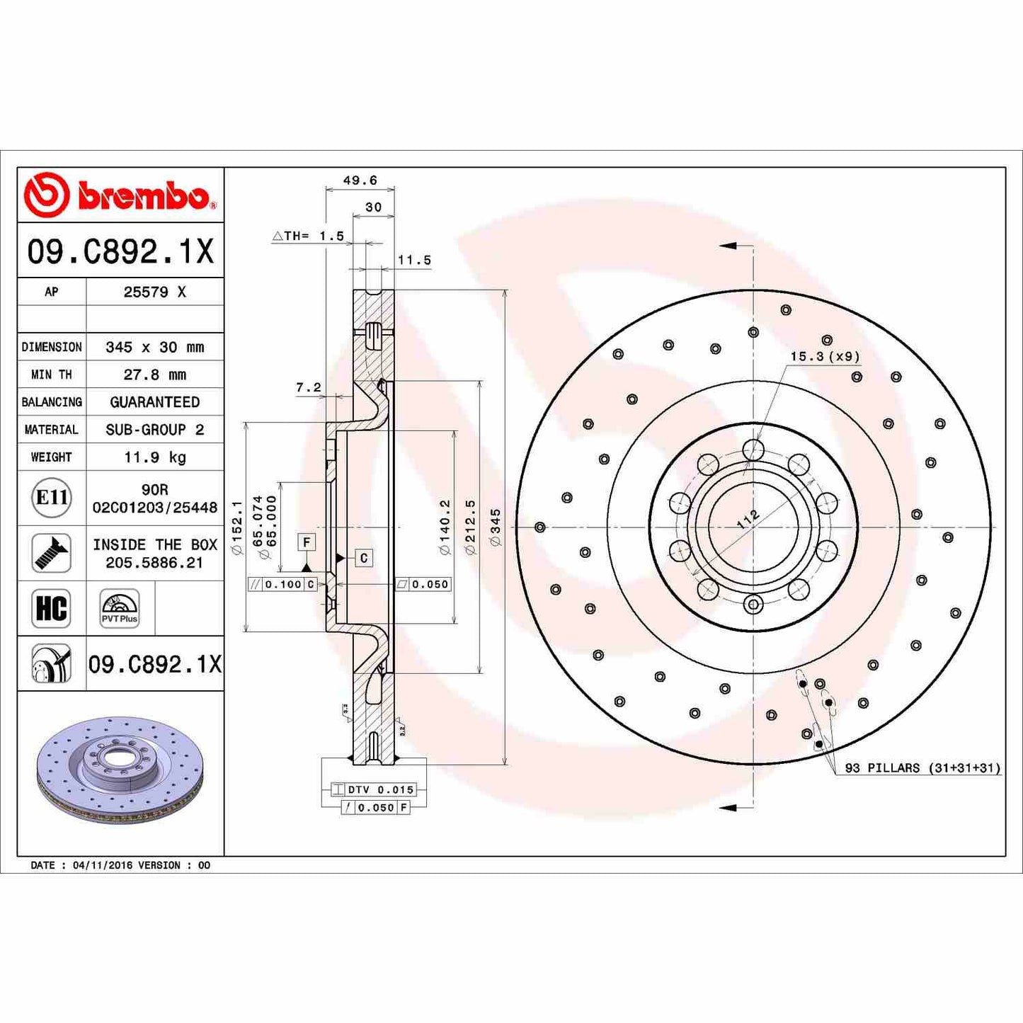 Brembo Disc Brake Rotor 09.C892.1X